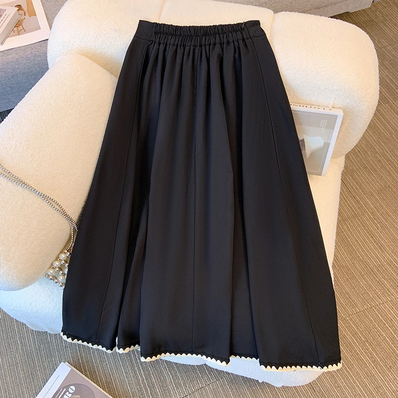 Plus-size women's Spring Casual Skirt Black Polyester commuter skirt Loose comfortable elegant party dress Lace skirt thick