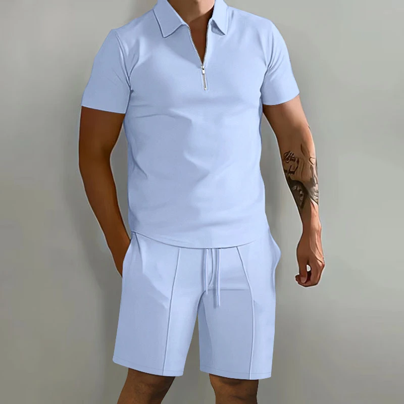 Summer New Solid Color Men\'s Sets High Street POLO Collar Short Sleeve Zip Fastener Pullovers Elastic Waist Pockets Y2K Shorts