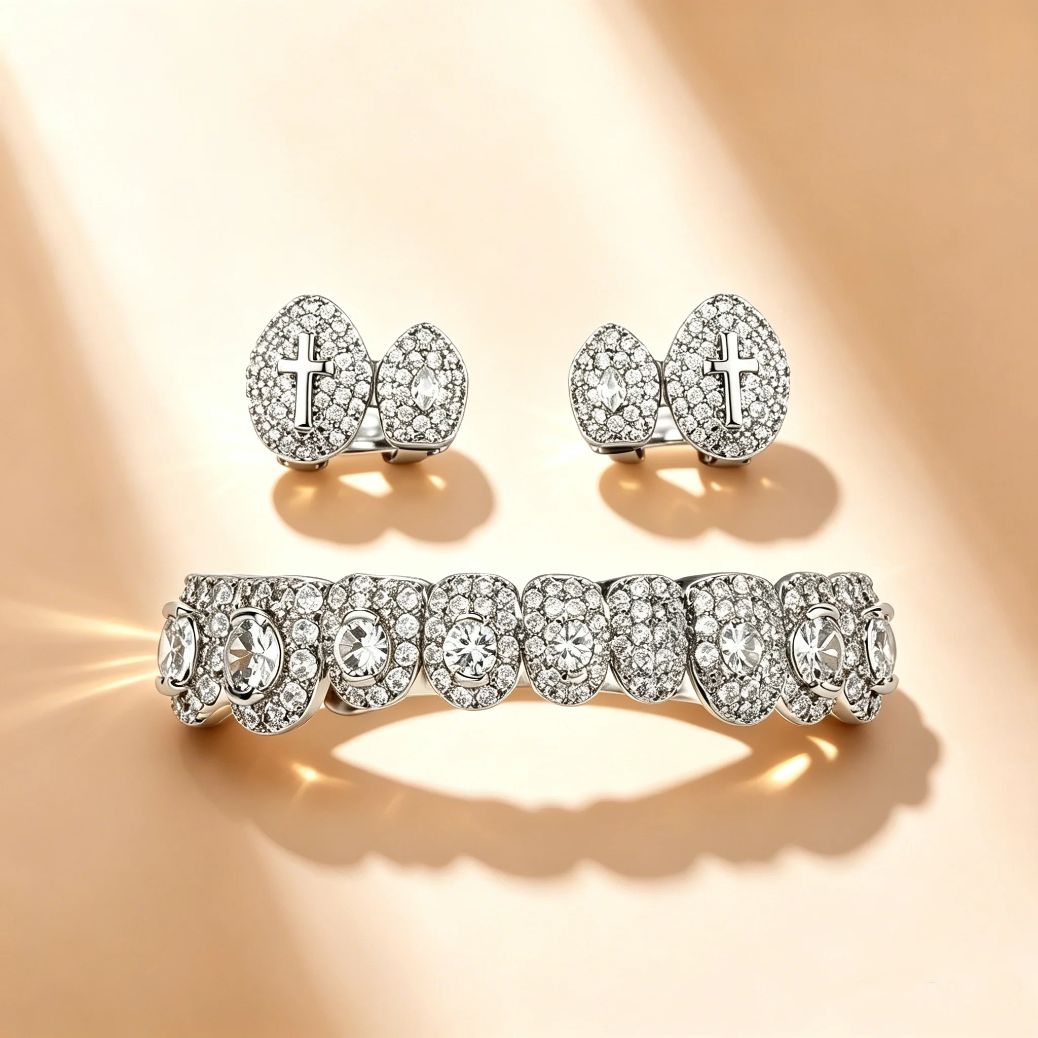 TOPGRILLZ Hip Hop 3-teiliges Grillz-Set, Weißgoldfarben, Kupferkreuz, Iced Out, 8 Zähne, Weihnachtsschmuck, Geschenk für Männer und Frauen – Detail 6