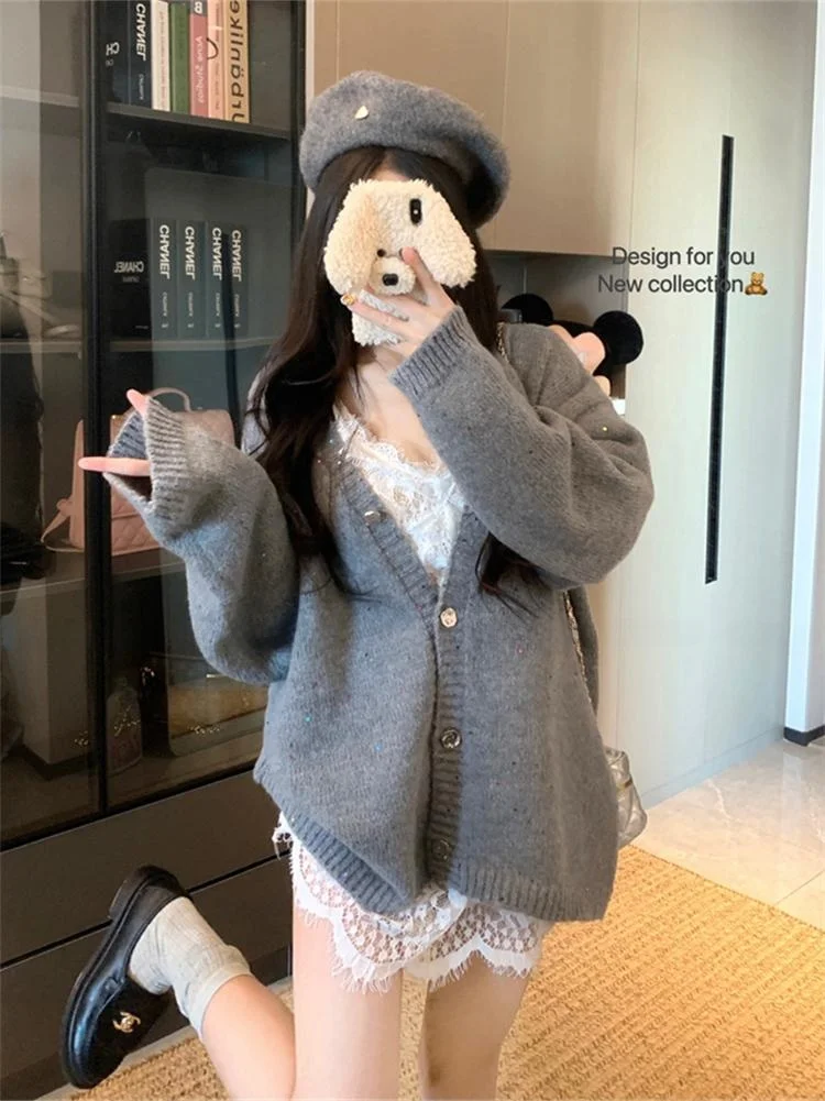 

Korean Style Lace Dress Set Women's New V-neck Sweater Outerwear Fashionable Spring Outfit Short Sleeve Button Style Dress