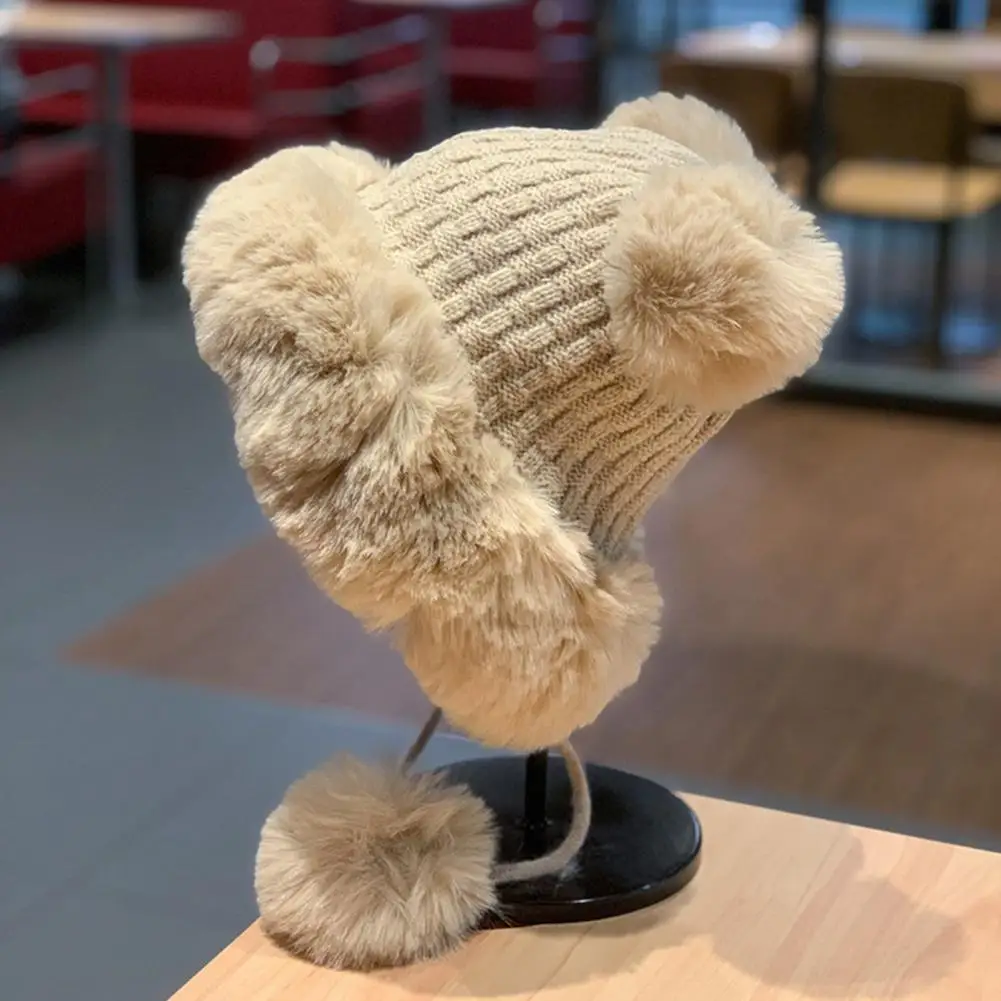 หมวกให้ความอบอุ่นในฤดูหนาวหมวกบีนนี่ถักแบบหนาเป็นพิเศษสำหรับผู้หญิงหมวกกันลมสีพื้นให้ความอบอุ่นในฤดูหนาวอุปกรณ์เสริมความอุ่นสบายสำหรับฤดูหนาว