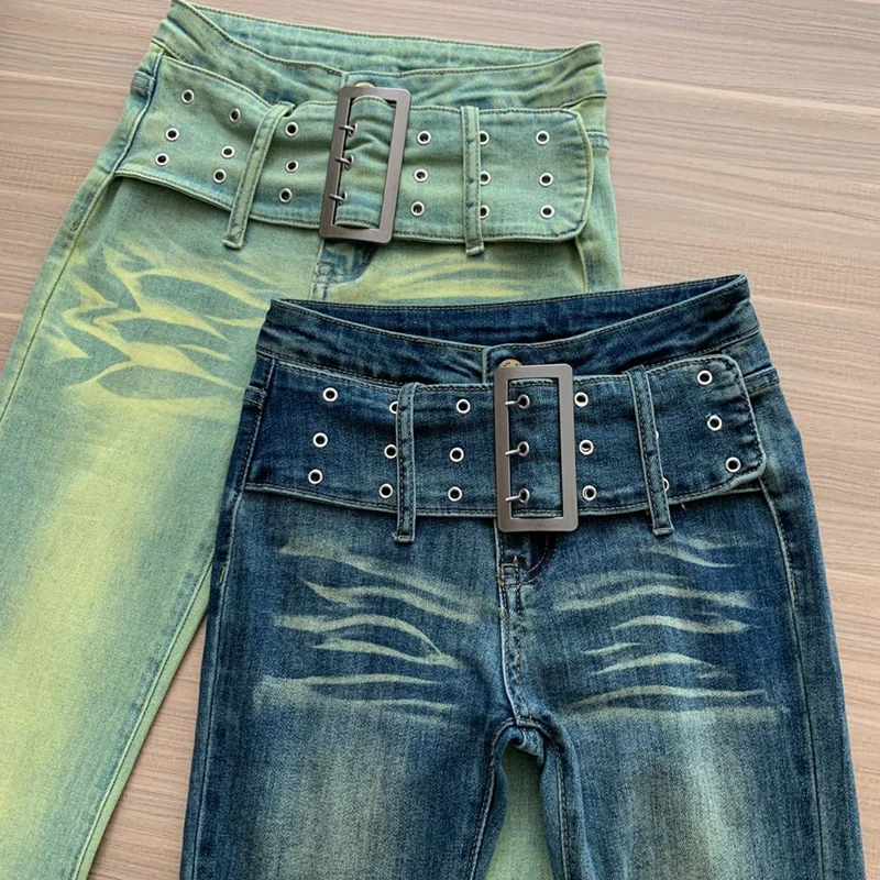 American Retro 2000s Y2K Jeans Mujer Streetwear Wide Belt Low Waist Flare Jeans Pants Loose Straight Wide Leg Harajuku Trousers