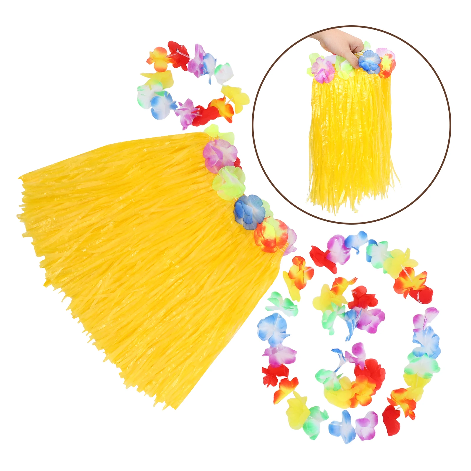 

Hawaiian Hula Skirt Set Kids Colorful Party Costume Leaf Bracelets Garland Head Hoop For Beach Tropical Luau Party (Yellow)