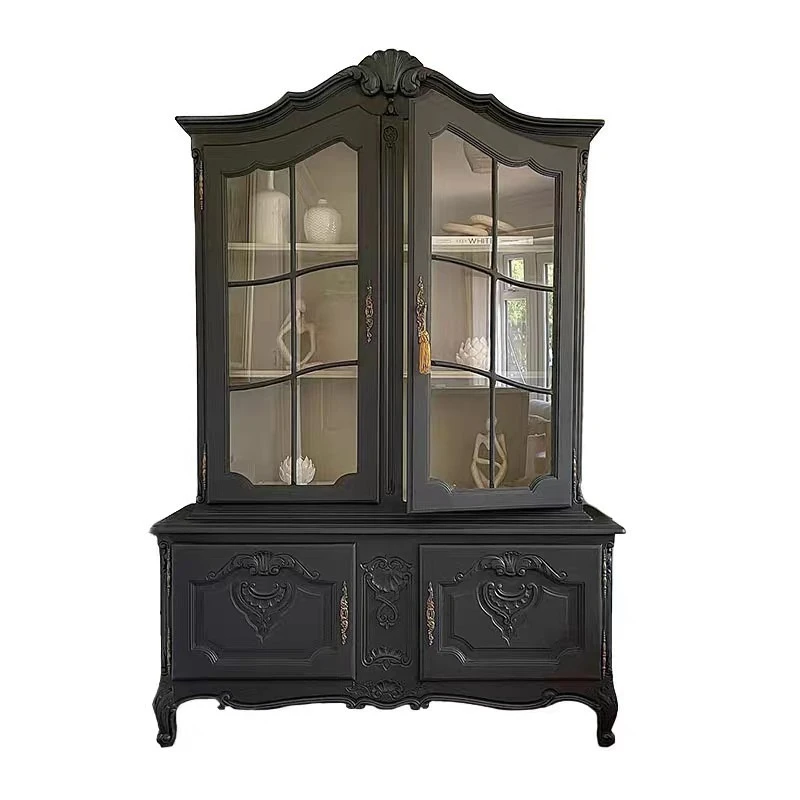 Display cabinet French retro solid wood wine cabinet European carved double door bookcase dining side cabinet