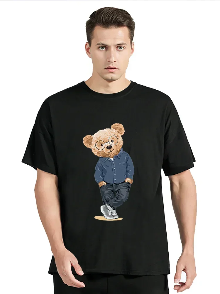 Gentleman Mr. Teddy Bear Nice Guy Prints Men Cotton T-Shirt Loose Oversized Clothing Casual Breathable Tees