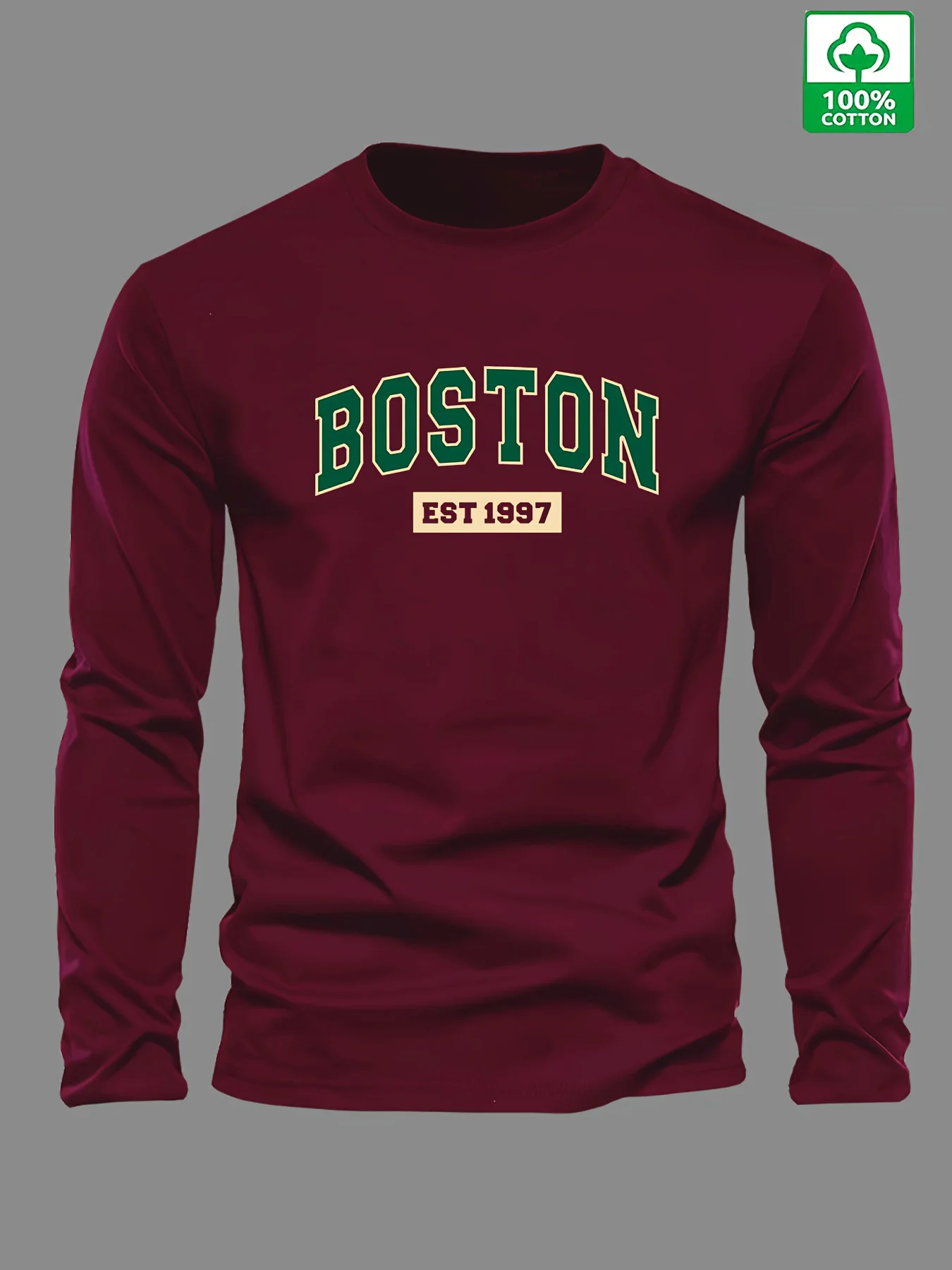 เสื้อยืดคอกลมแขนยาวผู้ชายผ้าฝ้าย 100% พิมพ์ลายตัวอักษร BOSTON EST 1997 สไตล์ลำลองอเนกประสงค์สำหรับฤดูใบไม้ร่วงและฤดูหนาว