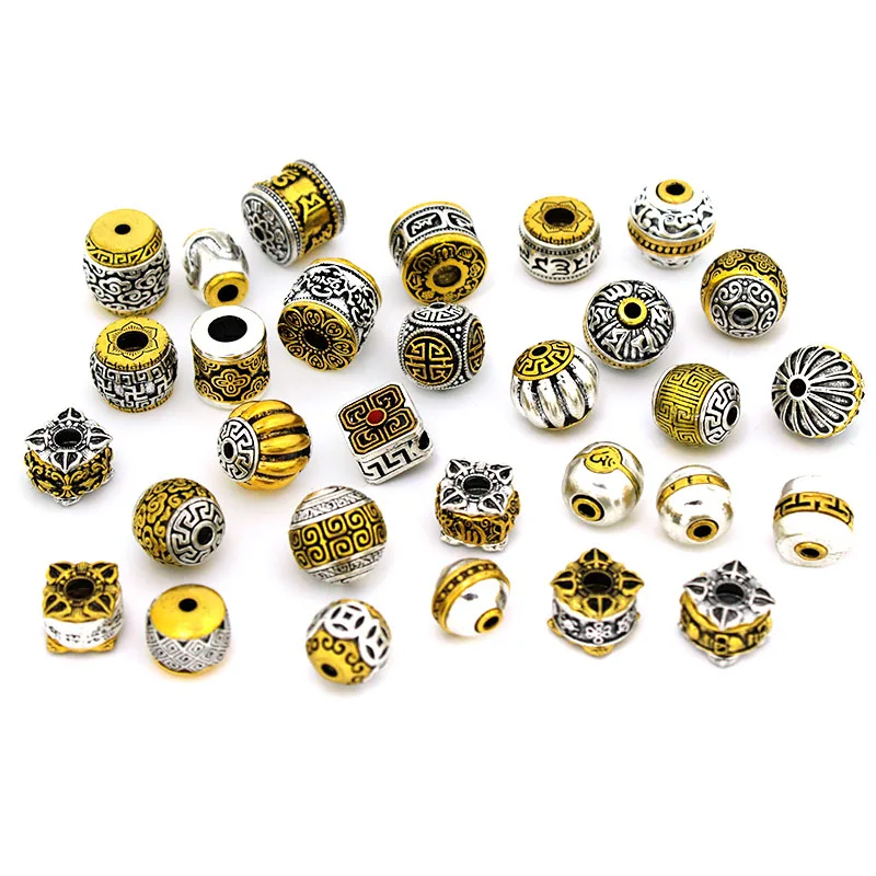 5 Stück tibetische antike silberfarbene Muster-Abstandsperlen, Metallperlen mit großem Loch für Armbänder, DIY-Schmuckherstellungszubehör – Detail 2
