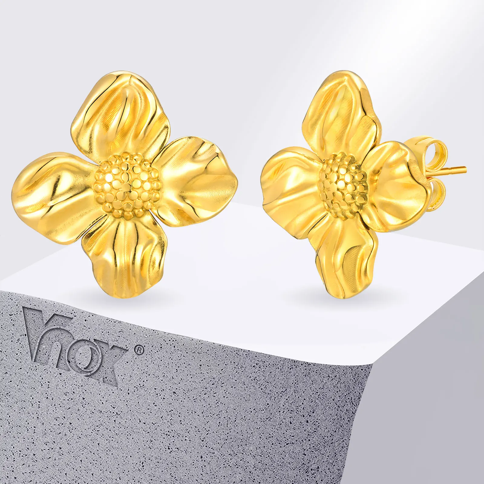 Vnox Small Flower Earrings for Women Girls,Gold Plated Anti Allergy Stanless Steel Vivid Plat Floral Ear Jewelry,Rurality Brinco