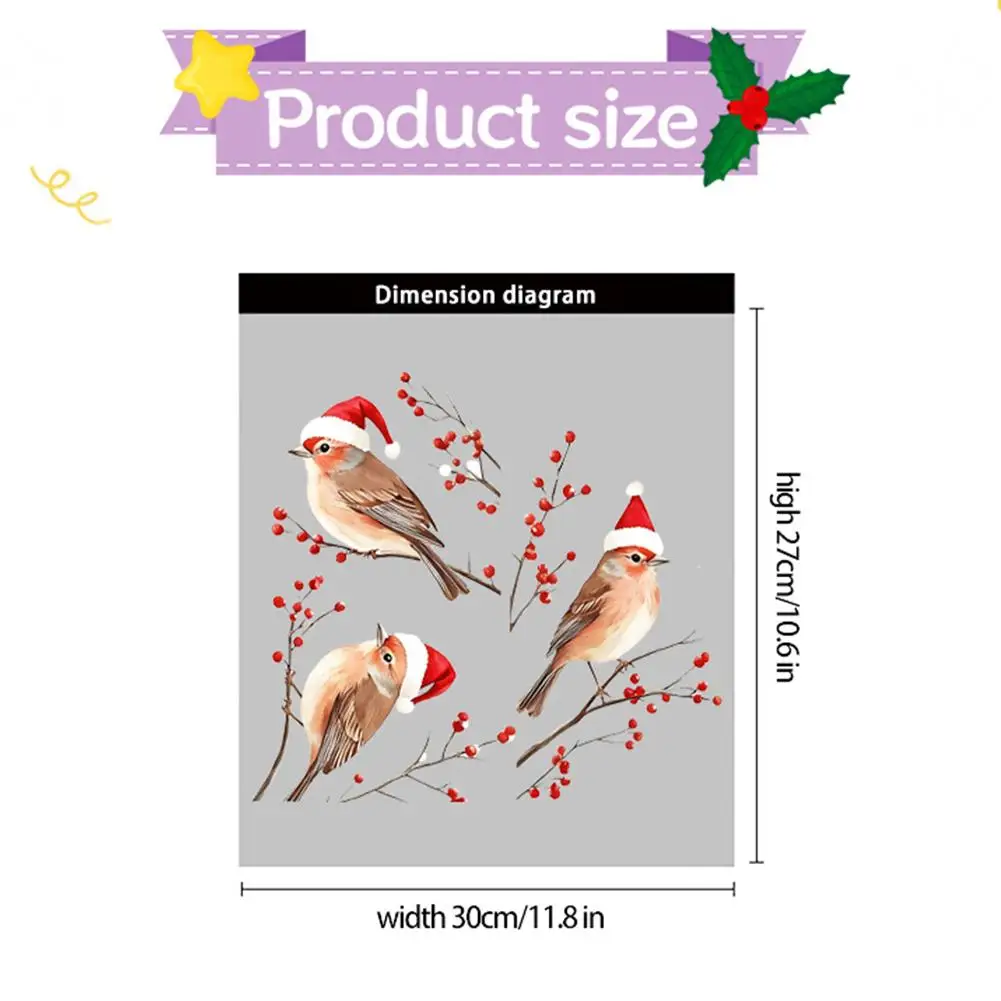 สติกเกอร์ตกแต่งกระจกประตูร้านค้าลายนกกระจอกสวมหมวกคริสต์มาสสีแดง สร้างบรรยากาศเทศกาลวันหยุด