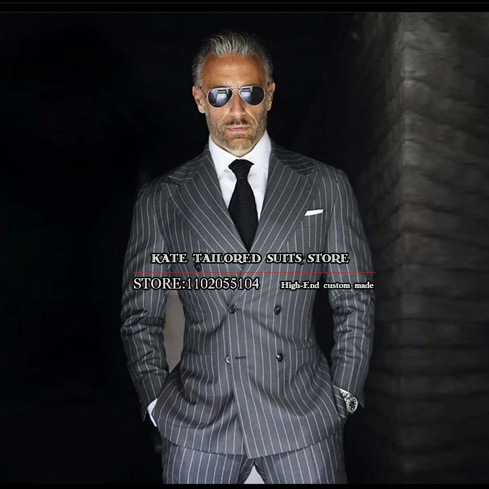 Classic Grey Stripe Suits Men Business Double Breasted Blazer Sets Slim Fit 2 Pieces(Jacket+Pants) Groom Prom Tuxedos Customized