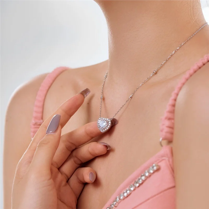 

Genuine S925 Sterling Silver 10mm Sparkling CZ Heart Pendant Necklace - Adjustable Chain Jewelry Gift for Her Valentine's Day