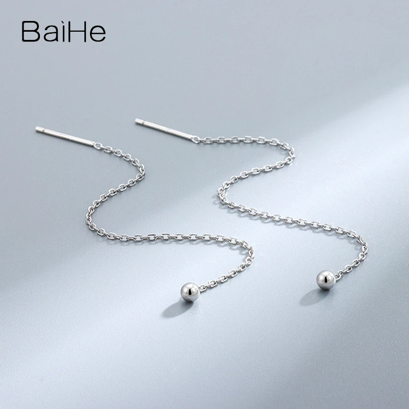 BAIHE Solid 14K White/Yellow/Rose Gold Round Ear line Long Earrings for Women Wedding Engagement Gift Trendy Fine Jewelry Making