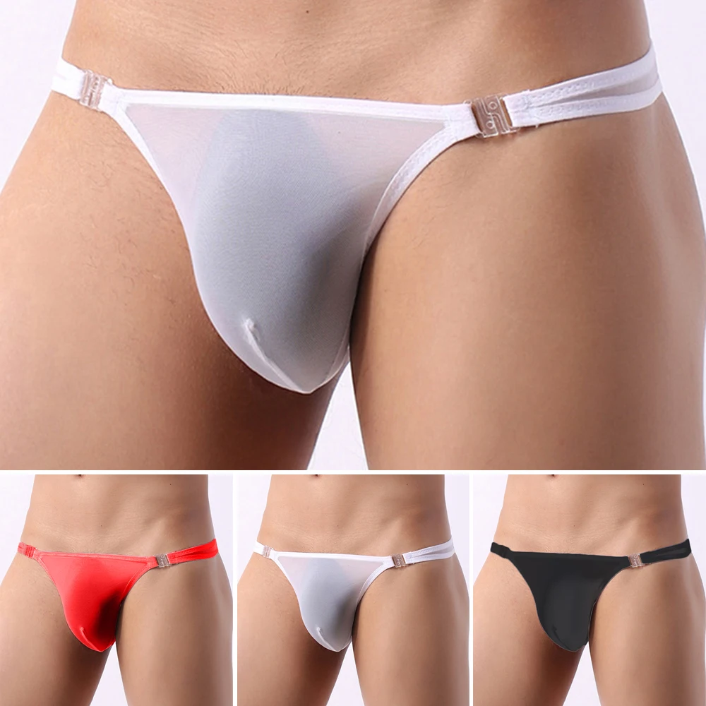 Sexy Men's Summer Mesh Low Rise Thongs Adjustable Breathable Solid Color Briefs Button Underwear Pump Man Panties