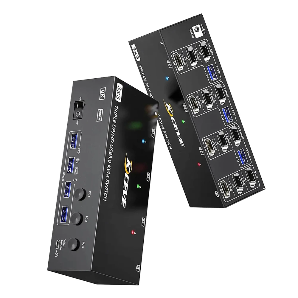 2024 nuovo Switcher KVM KVM303DH 3 in 3 out 8K @ 60Hz, 4K @ 144Hz triplo Monitor per PC tastiera Mouse stampante U-Disk EU/US/UK