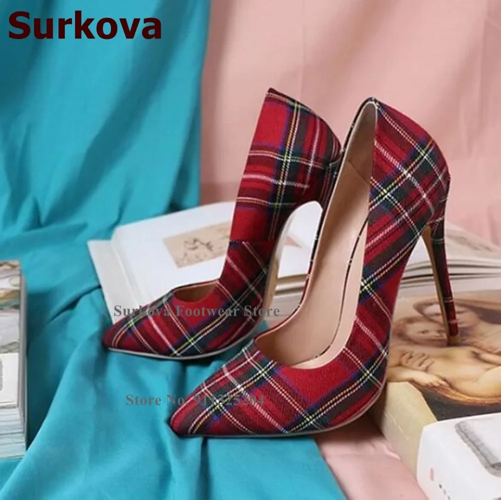 Surkova Elegant Red Green Checkered Cloth High Heel Shoes 12cm 10cm 8cm Real Photo Shallow Pointed Toe Plaid Wedding Pumps US13