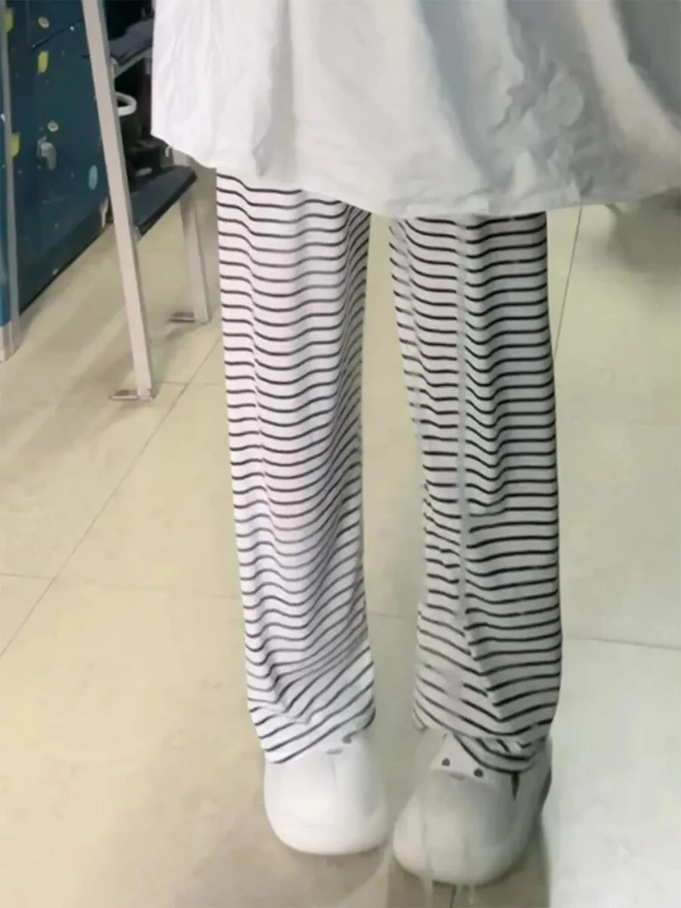 Casual Pants Women Vintage Striped Korean Style Full Length Fashion High Waist Streetwear Chic Comfortable Lady All-match Basic