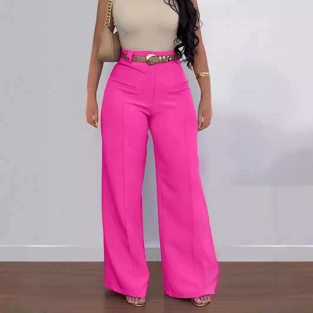 

Rose Red Casual Color Women's Long Pants No Belt High Waist Wide Leg Pants Commute Sle Ele Ladies Trousers
