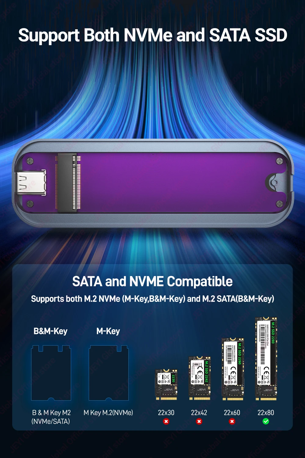 JEYI M.2 NVMe/SATA SSD Smart Display Gehäuse USB 3.2 10Gbps Tragbares Externes M2 Adaptergehäuse Unterstützt M-Key B+M Key UASP Trim – Detail 10
