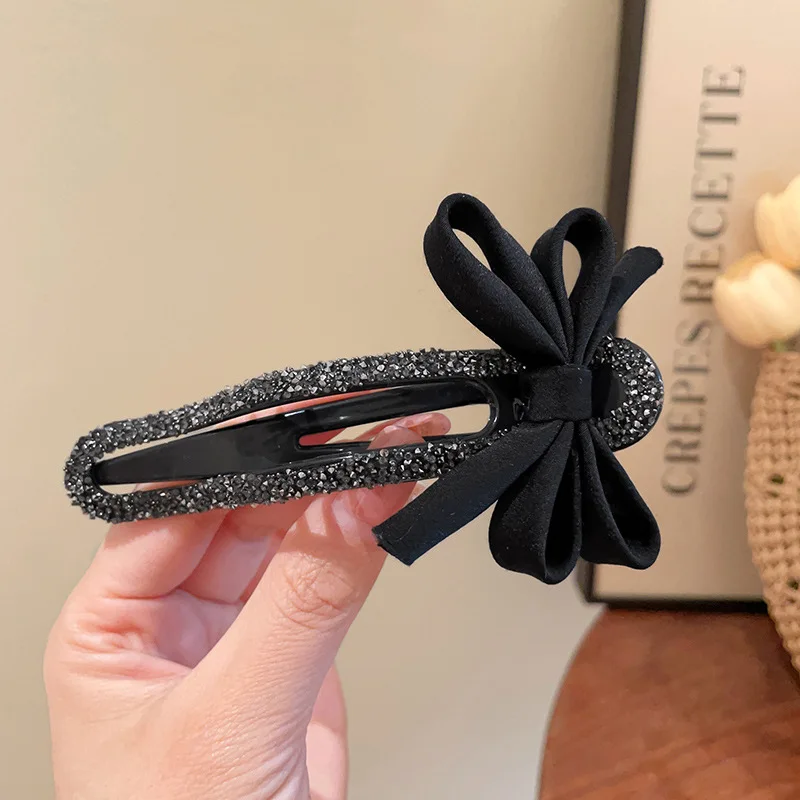 블랙 보우 Duckbill 클립 라인 석 편리한 머리핀 다목적 패션 달콤한 소녀 머리핀 헤어 액세서리