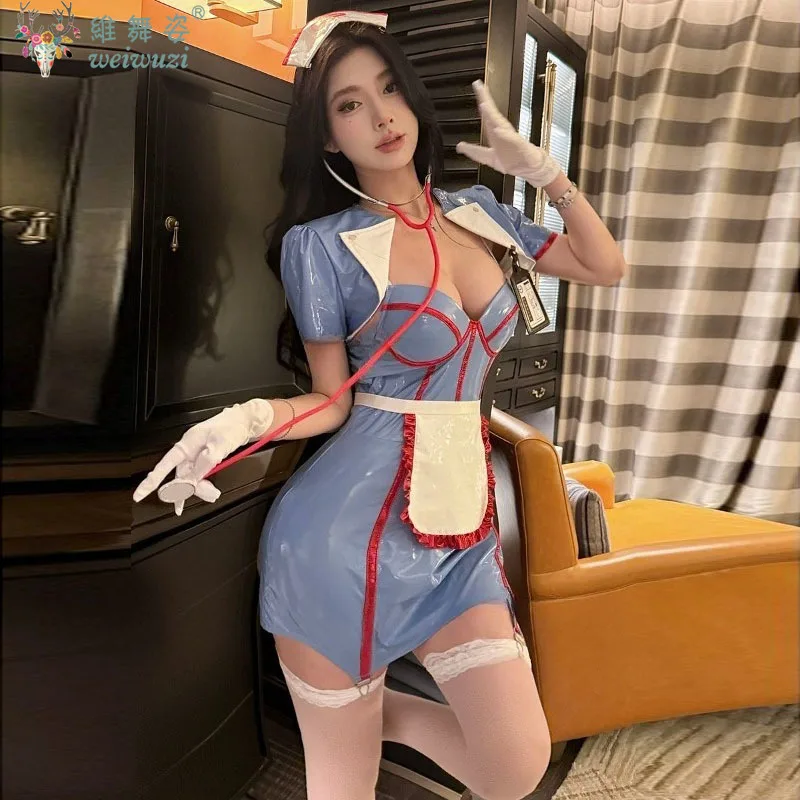 

New Sexy Adult Female Nurse Uniform Dress Role Playing Costume PU Leather Lingerie Temptation Flirting Club NightClub Rave Party