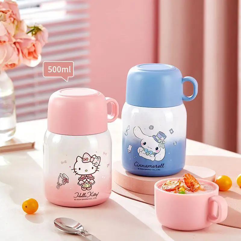 500Ml Sanrio Hello Kitty Stewed Beaker Kawaii Kuromi Cinnamoroll Student Large Capacity Portable Spoon Insulation Breakfast Cup