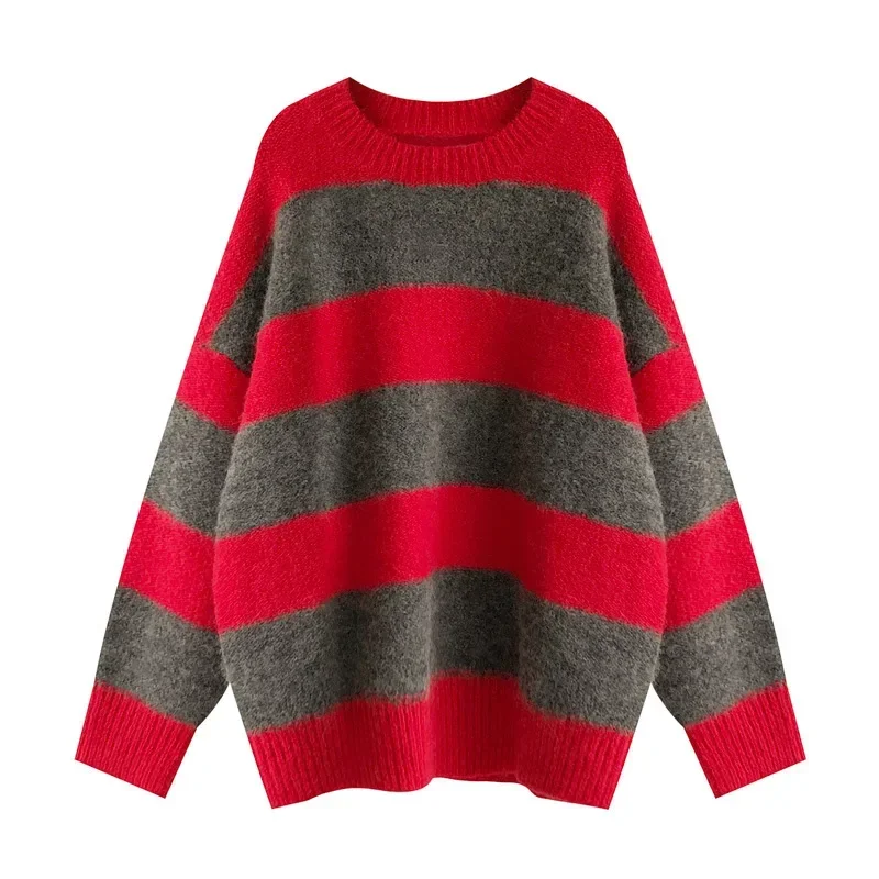 Autumn Women Striped Sweater O Neck Oversized Knitted Sweater Pullovers Jumper 2024 Autumn Winter Casual Loose Pullovers