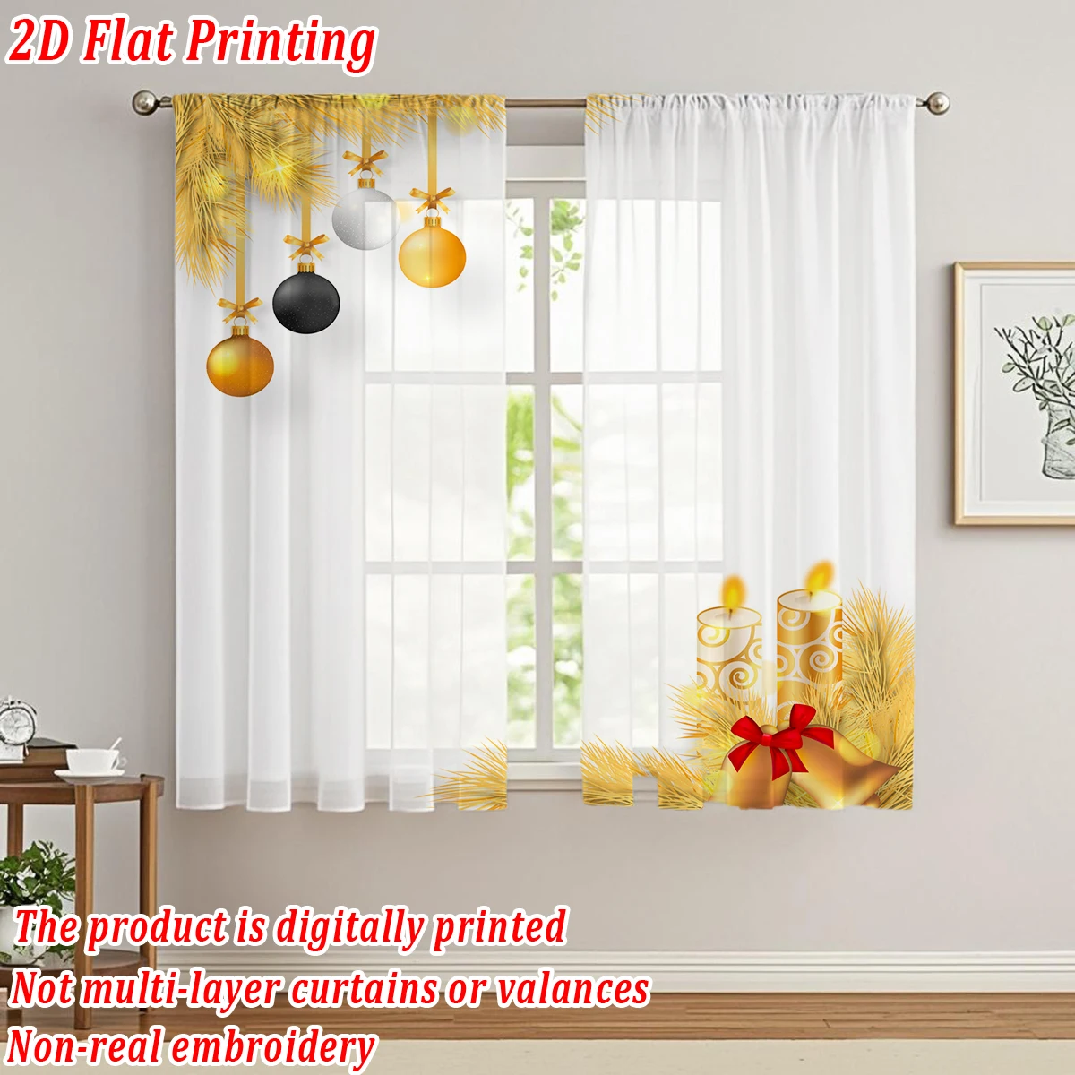 Christmas Flat Printing Kitchen Sheer Curtain with Merry Christmas Ball Candle Ornament For Christmas Home Decor  Party