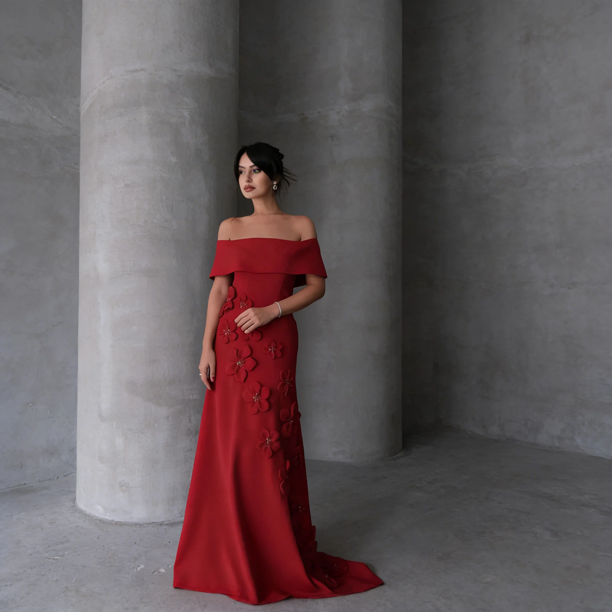 Elegant Red Mermaid Evening Dresses Off The Shoulder Flowers Prom Gowns Stain Formal Vestidos de Fiesta Sweep Train Customized