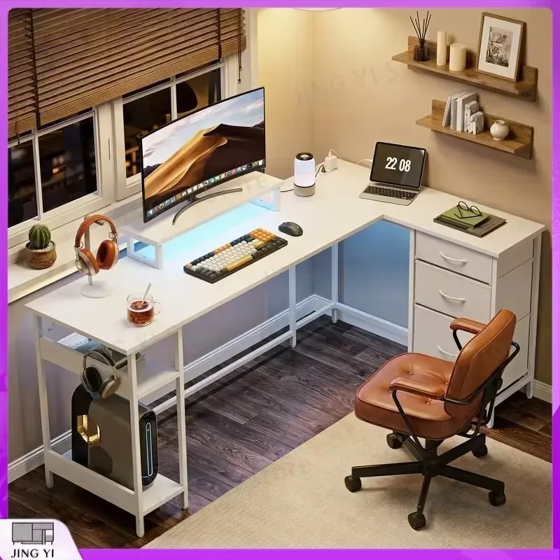 Reversible L Shaped Corner Desk 168x103 cm with Drawers Storage Power Outlet USB Charging Port Computer Desk for Home Office