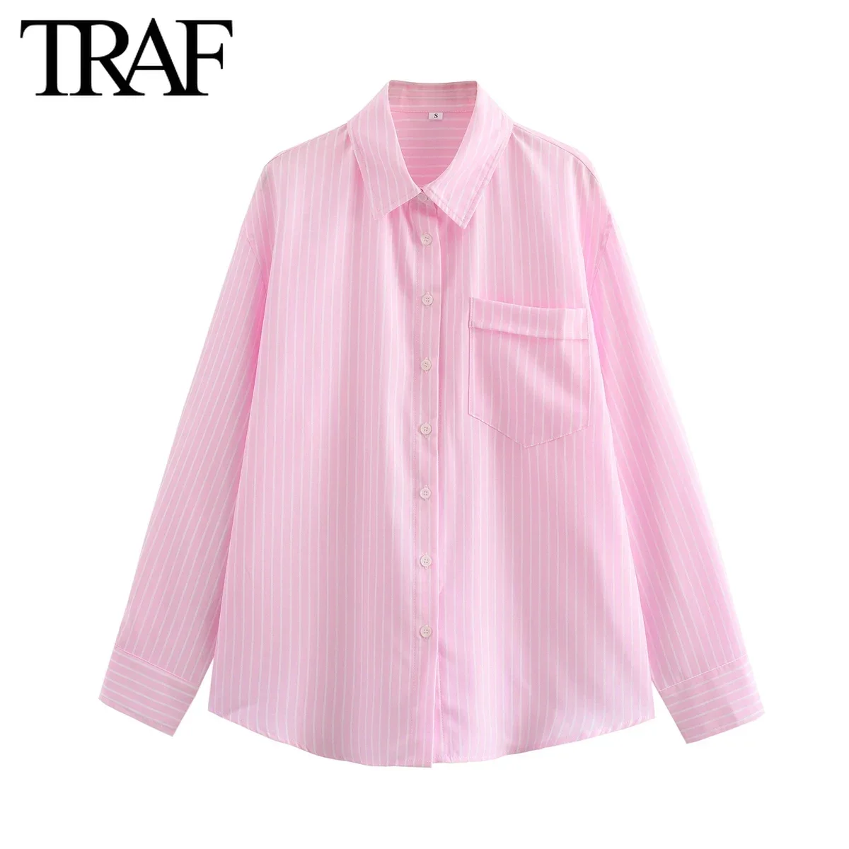 TRAF Women\'s Clothing Spring Autumn New Pocket Striped Single-breasted Lapel Long Sleeve Shirt Chic Office Ladies Tops Mujer