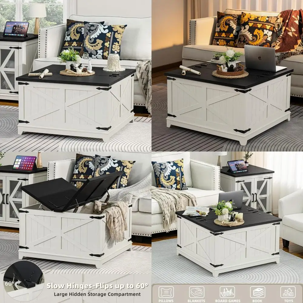

Large Antique Black and White Square Coffee Table with Hidden Storage for Living Room, Farmhouse Style Centerpiece