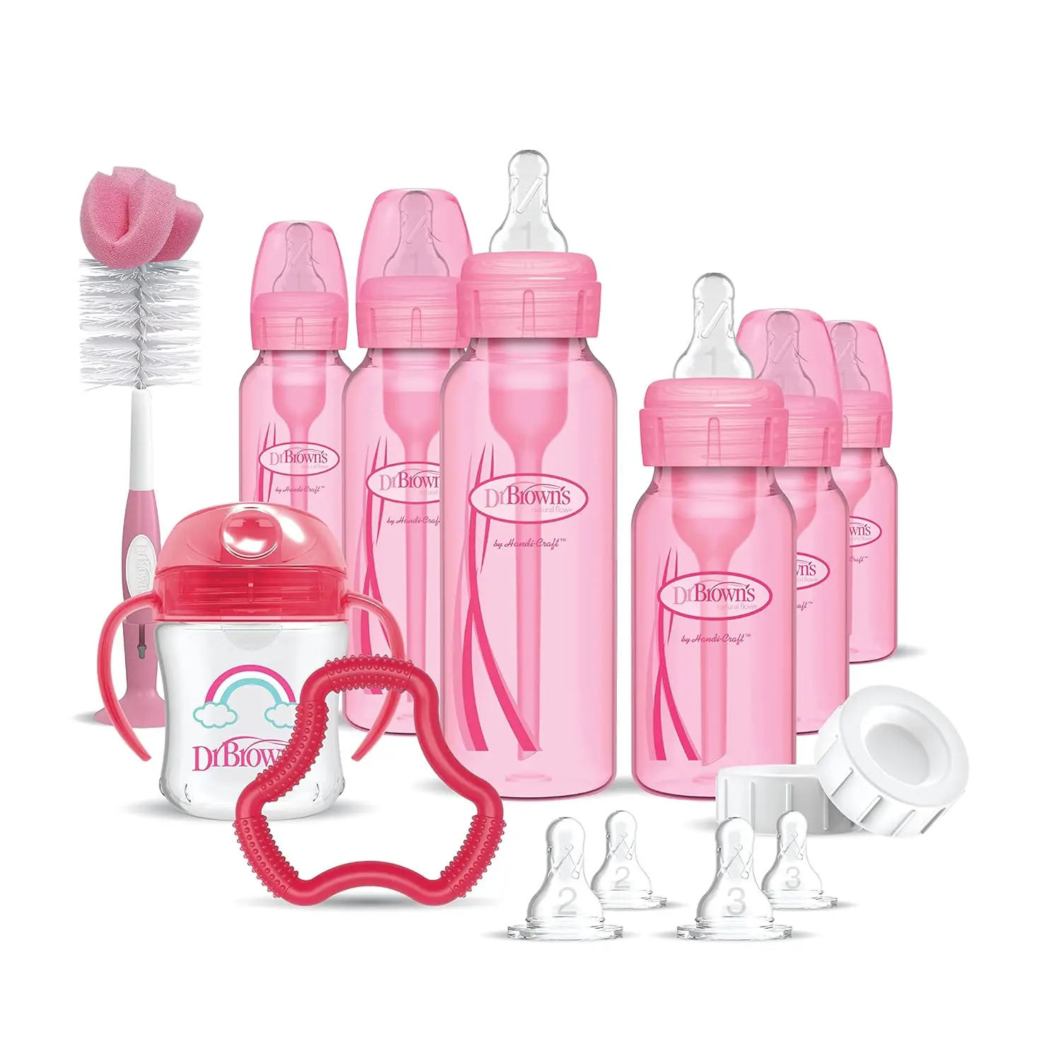 

Anti-Colic Baby Bottle Feeding Set with Teether, Sippy Cup, and Accessories, 15-Piece Pink Edition
