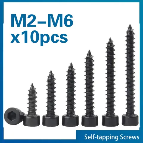육각 소켓 캡 헤드 셀프 태핑 나사, 8.8 등급 블랙 탄소강 알렌 헤드 나사, M2 M2.6 M3 M3.5 M4 M5 M6, 로트당 10 개