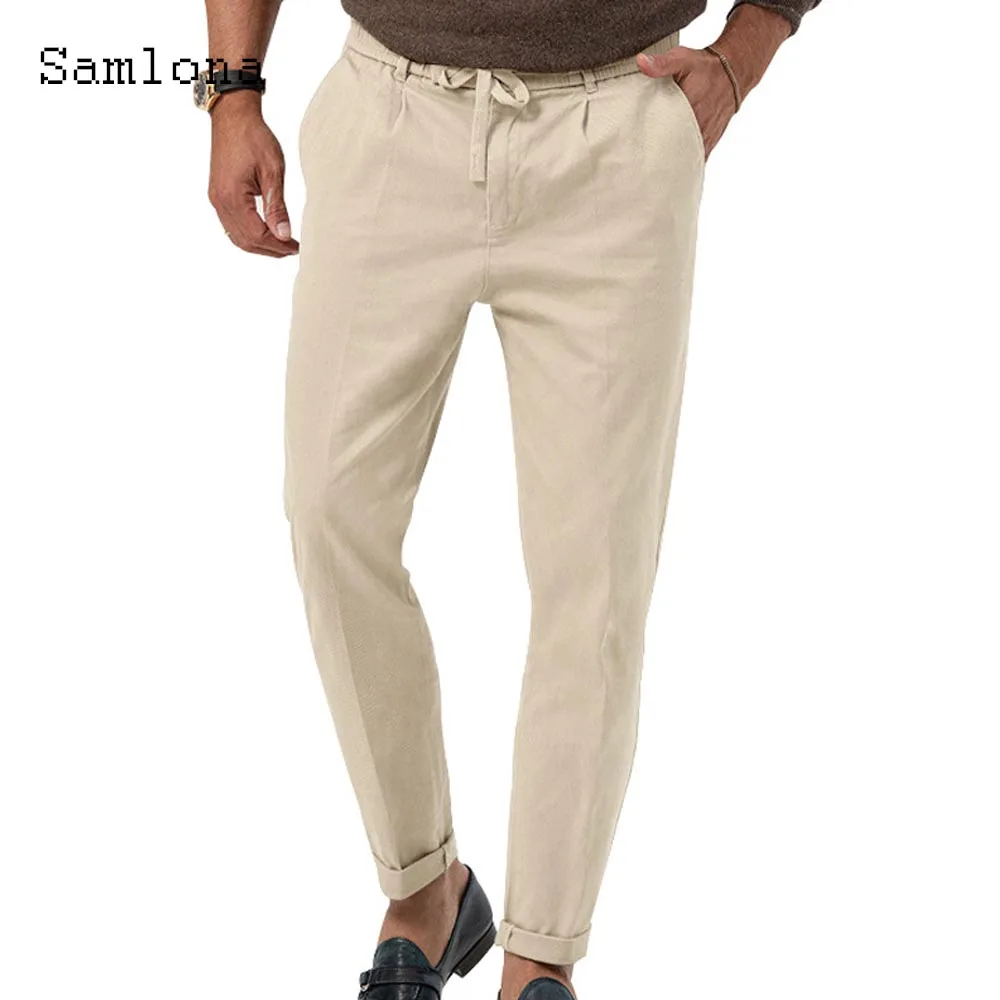 

Samlona 2023 Men Elegant Fashion Pencil Pants Solid Khaki White Ankle-Length Trouser Plus Size Mens Casual Drawstring Sweatpants