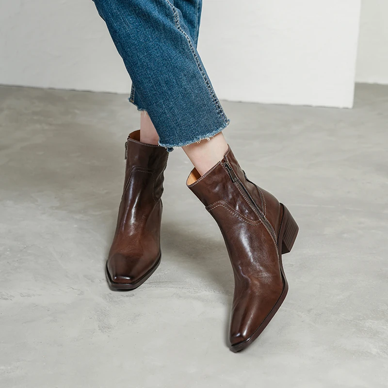 NEW Autumn/Winter Women Boots Genuine Leather Leather Shoes for Women Square Toe Chunky Heel Shoes Zip Short Boots Daily Shoes