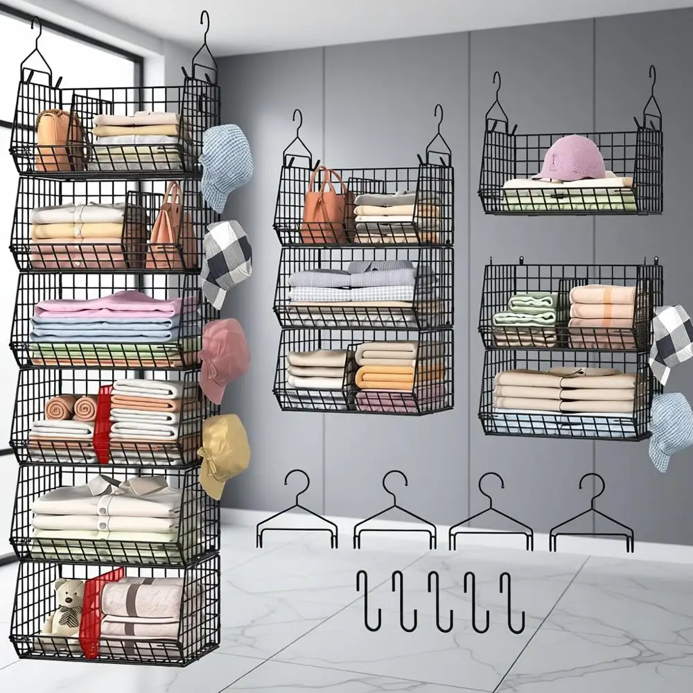 

Очень большой 6-уровневый подвесной органайзер для шкафа с перегородками и 5 крючками для спальни, кухни, прачечной - черный