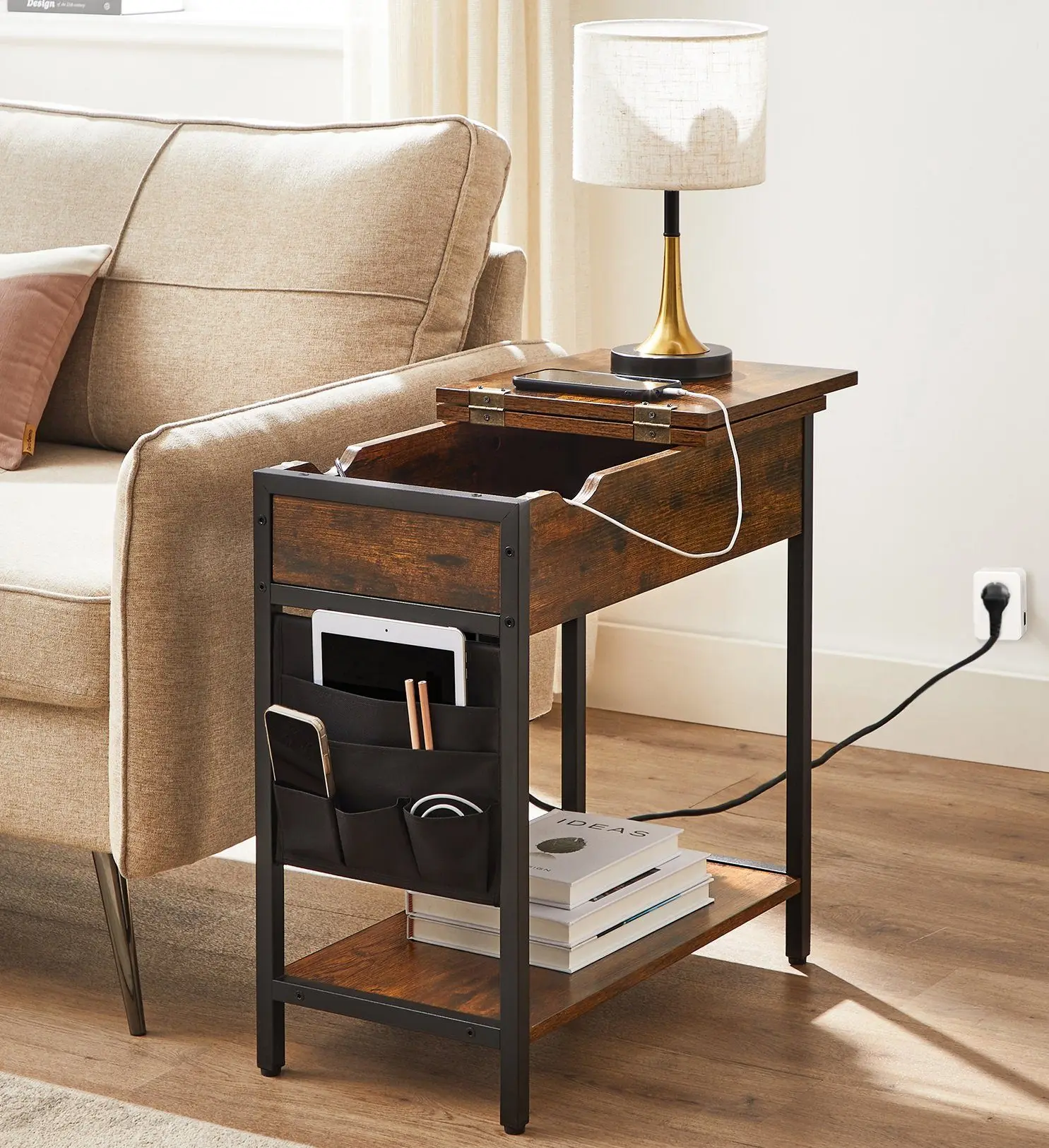 VASAGLE side table (1-St) sockets and USB ports, folding tabletop