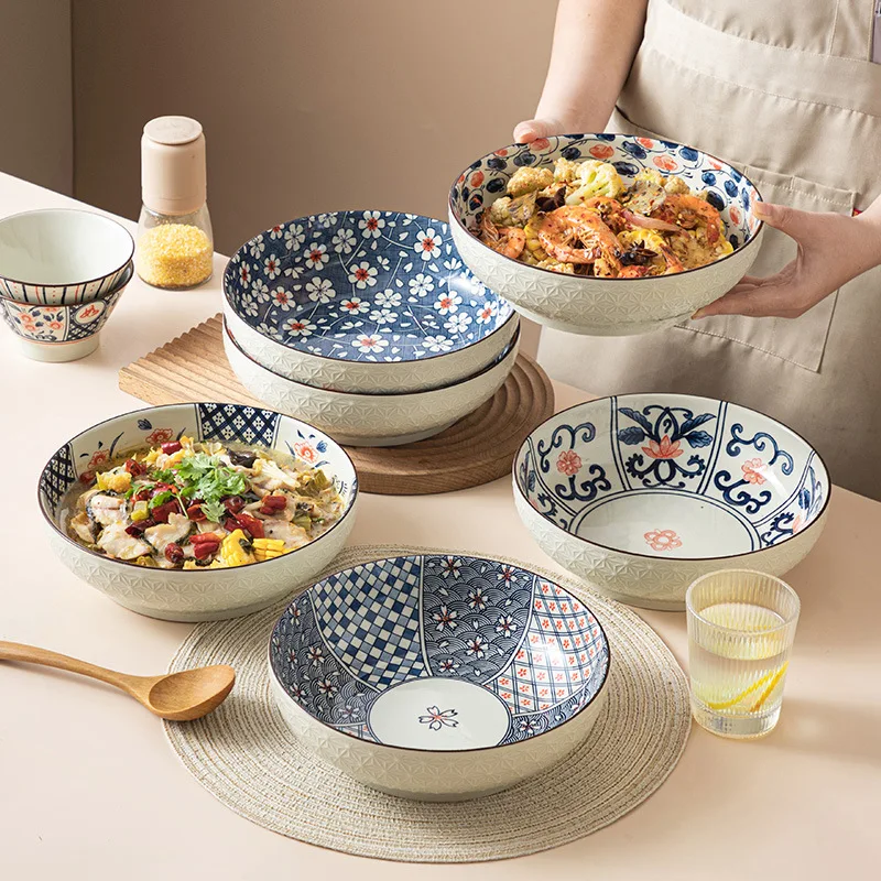 Japanese retro underglaze ceramic bowl home restaurant sauerkraut fish bowl 9 inches relief public large soup bowl