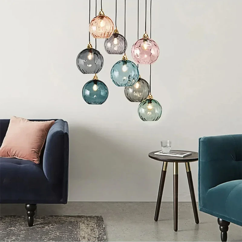 

Nordic Minimalist Color Water Patterned Glass Spherical Pendant Light, Bedroom Bedside Lamp, Creative Bar Counter Pendant Light