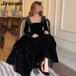 Jirocum Luxury Black Velvet Evening Dresses Square Neck Pearl Embellished Long-Sleeve Prom Dresses Party Dresses