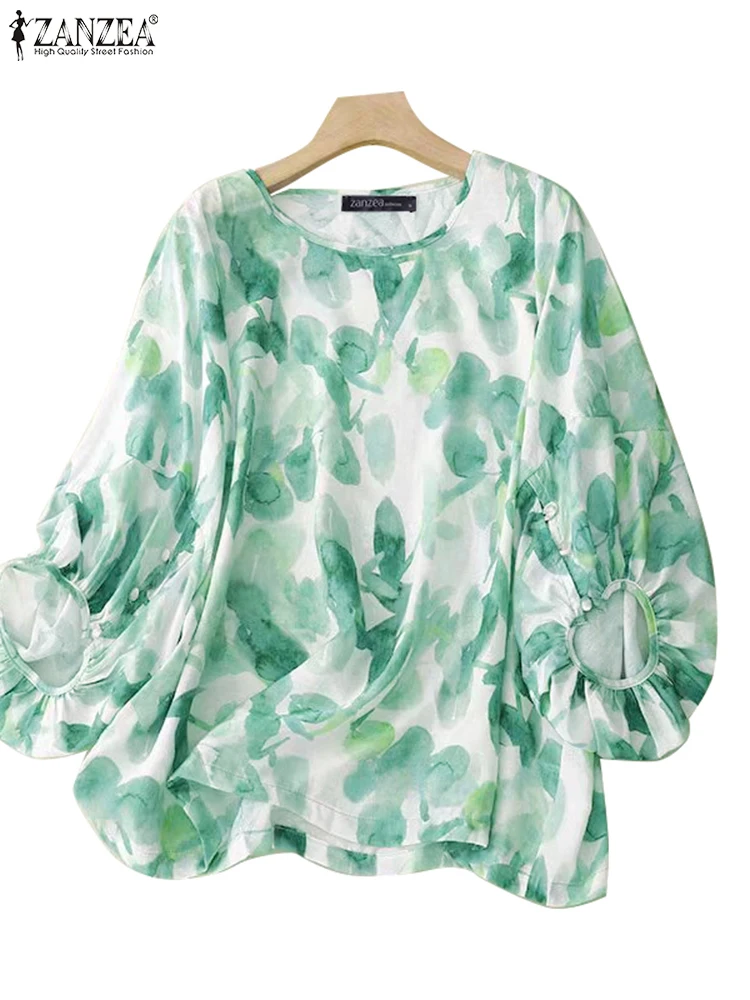 ZANZEA Vakantie O-hals Plooien Shirts Vrouwen Bohemian Gedrukt Blouse Mode Lantaarn 3/4 Mouw Tops Koreaanse Casual Herfst Tunieken