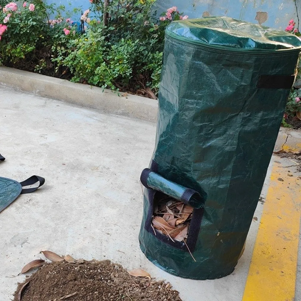 Wear Resist Compost Bin Bag Zippered Lid Sealed Leaf Lawn Bags Reusable with Handles Refuse Composter Fruit Kitchen Waste