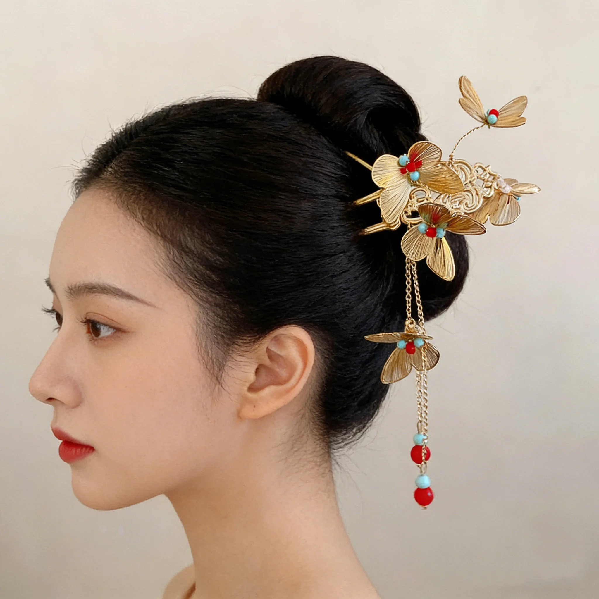 Embroidery Red - Novo estilo chinês borboleta dourada grampos