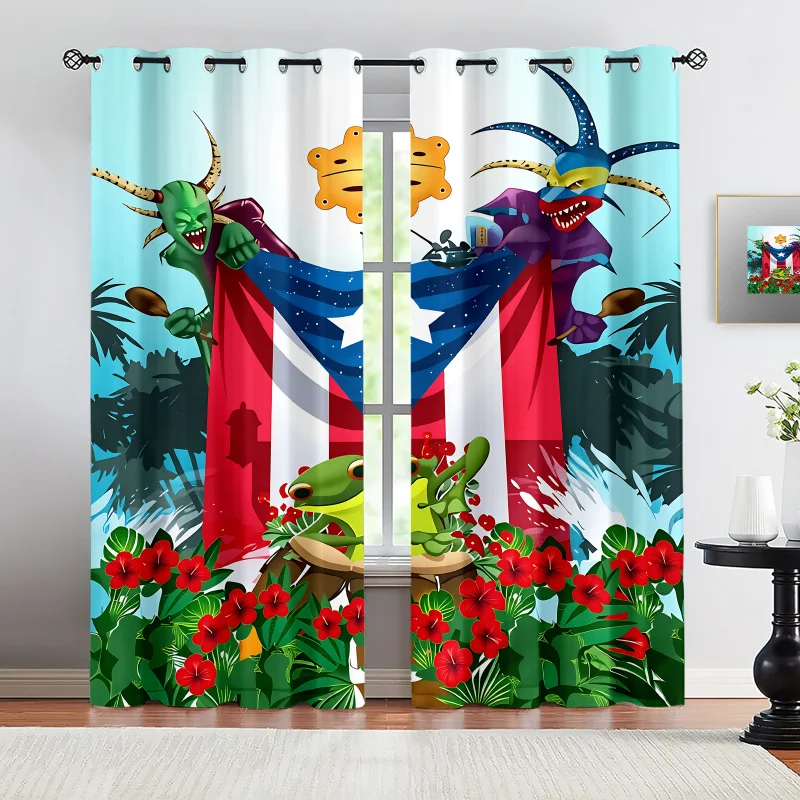 Puerto Rico Carnival Vejigante Curtains Blackout Thermal Insulated Coqui Frog Red Hibiscus Taino Symbol Flag Print Window Drapes
