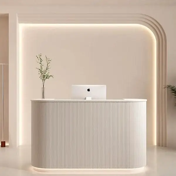 Curved Beauty Salon Reception Desk White MDF Front Counter With LED Backlit Custom Engraved Logo