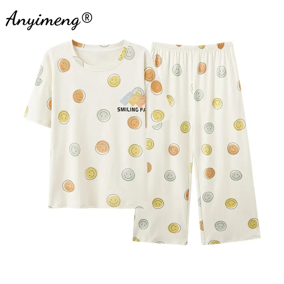 100% Cotton Womens Pajamas Sweet Hearts Printing Sleepwear for Youth Lady Casual Knee-length Pijamas Lady Lounge Homewear Pj Set