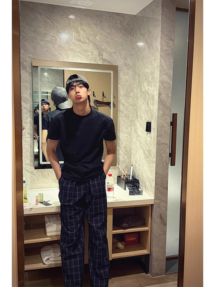 

American Sle Plaid Men's Autumn High Waist Straight Leg Pants Long Legs Effect Casual Sports Leisure Trousers