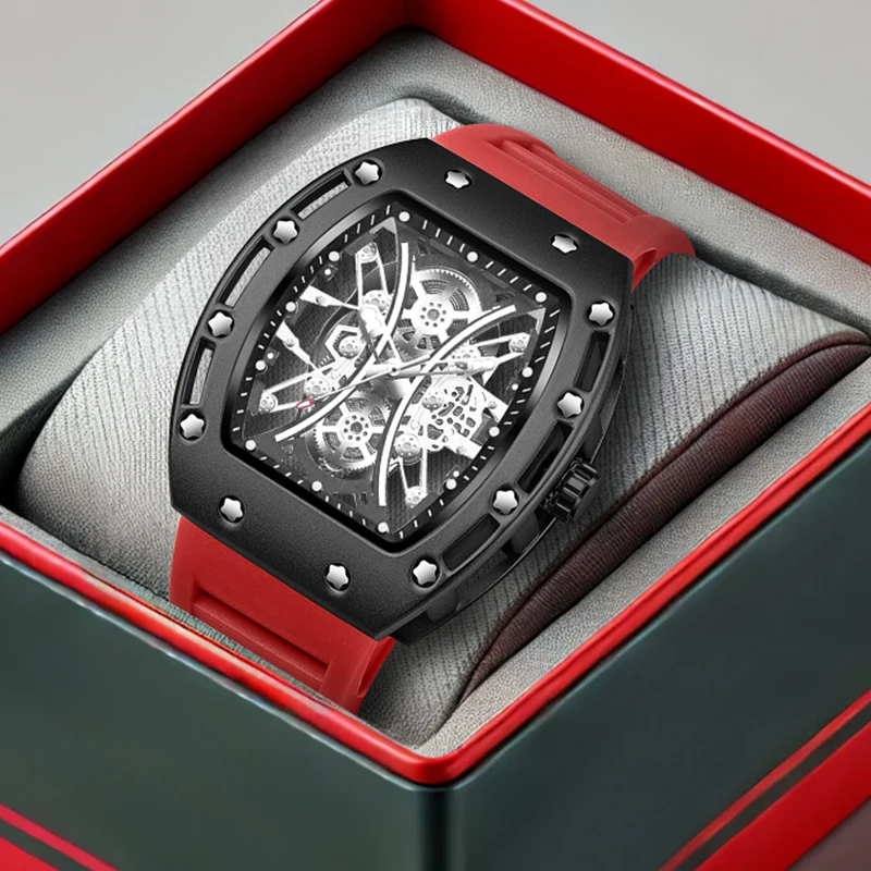 

Мужские модные спортивные модные кварцевые часы с полым звездным бочонком и красным ремешком.