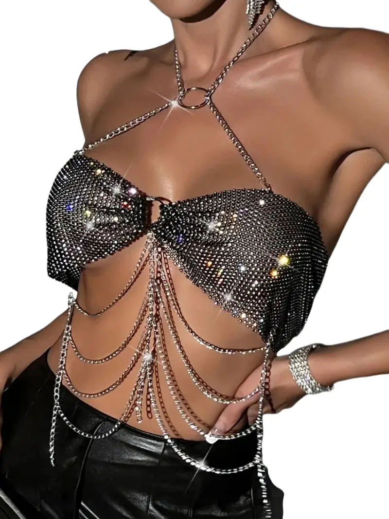 

Блестящие майки со стразами и металлической цепочкой с кисточками и укороченные майки с открытой спиной, ажурный сетчатый топ Y2k, женские прозрачные женские топы