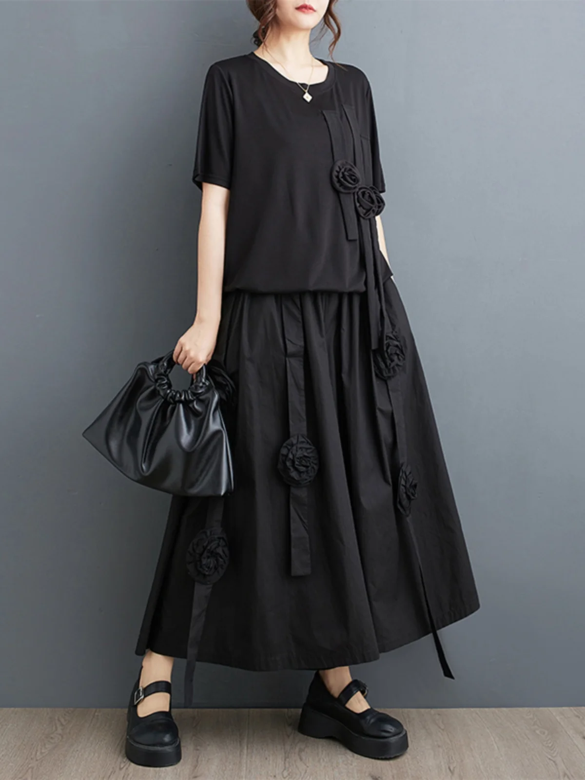 

High-End Women's Faion Set round Ne T-irt Slimming Elastic Waist Wide Leg Pants Summer Collection Floral 3D Print